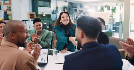 Business people, handshake or applause to man for success with partnership contract or sales promotion. Finance team, excited or clapping hands with diversity support, praise or celebration in office