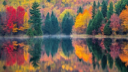 Fototapeta premium Vibrant Autumn Reflections on Serene Lake