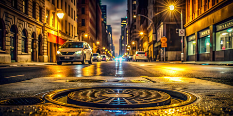 Obraz premium New York City street at night with a manhole, spotlight, and taxi , urban, cityscape, , glowing
