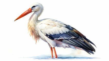 Fototapeta premium Watercolor of a stork, symbolizing family, peace, and beauty, isolated on a white background, stork, bird, watercolor