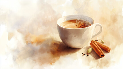 Cup of Chai Tea with Cinnamon and Cardamom in Soft Pastel Background