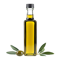 A bottle of olive oil next to a bunch of olives PNG cutout isolated on white and transparent background.