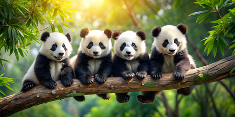Obraz premium Charming baby pandas sitting on a tree branch at wildlife gathering, joyfully posing together, baby pandas, tree branch