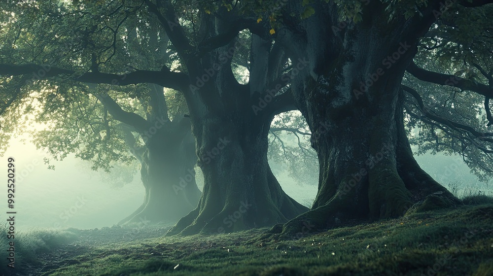 Poster mystical forest with ancient trees in fog
