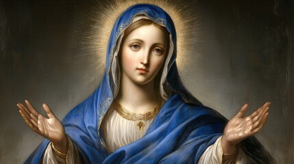 Sacred icon: Portrait of St. Mary capturing the divine serenity and grace of the revered figure, embodying spiritual symbolism and artistic reverence in a timeless depiction of holiness. © Alla