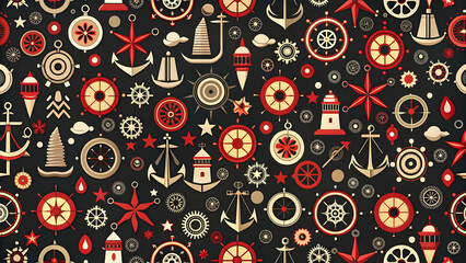 seamless pattern of vintage nautical symbols and icons in red and white on black background, engraving, vintage, nautical, seamless © janya