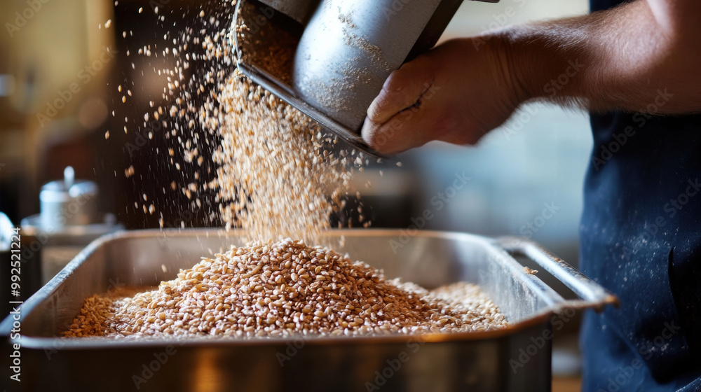 Poster grains are being poured from grain mill into large container, showcasing process of grinding. scene 