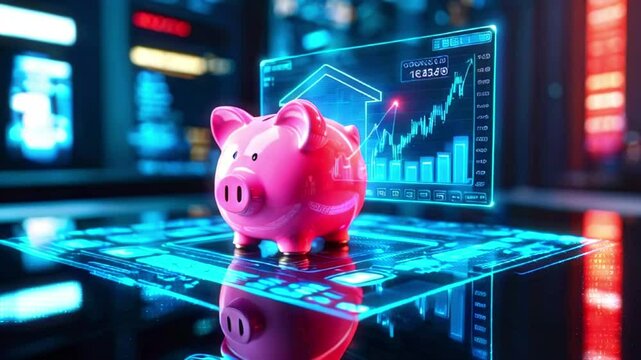 A pink piggy bank sits on a futuristic blue screen with a graph showing growth.  The graph is showing growth in the stock market and is showing a positive trend.