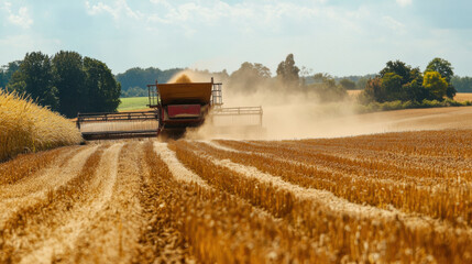 Obraz premium Harvesting grain using threshing machine creates cloud of dust in golden field. scene captures essence of agricultural work and beauty of rural landscapes