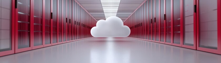 Obraz premium A modern data center featuring cloud technology, showcasing sleek design, storage units, and a futuristic ambiance.