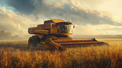 Fototapeta premium Harvesting with combine harvester in golden field under dramatic sky, showcasing beauty of agricultural machinery and natures bounty