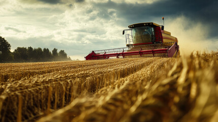 Fototapeta premium Harvesting wheat with combine harvester under dramatic sky, showcasing golden fields and agricultural machinery in action. scene captures essence of rural farming life