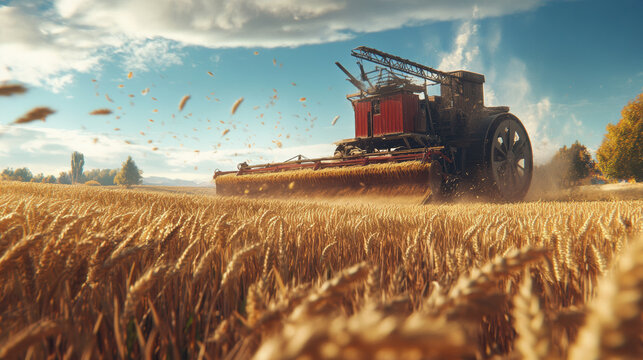 Harvesting grain using threshing machine in golden wheat field under bright blue sky creates picturesque rural scene. machine works efficiently, showcasing agricultural productivity