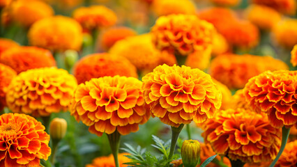 Bright and colorful marigold flower heads creating a vibrant background, marigold, flower, heads, orange, yellow, colorful