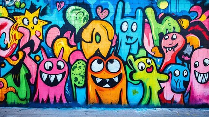 Light-hearted graffiti wall with cartoonish characters, bright and playful colors