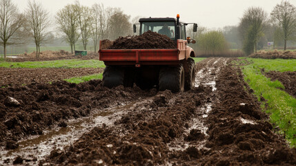 Fototapeta premium Heavy machinery is seen spreading manure across muddy field, showcasing agricultural practices. scene captures essence of farming and land management