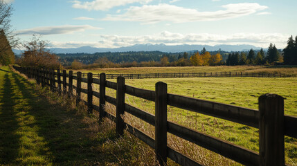 Fototapeta premium serene landscape featuring wooden fence along grassy field, with mountains in background and clear blue sky. scene evokes sense of tranquility and connection to nature