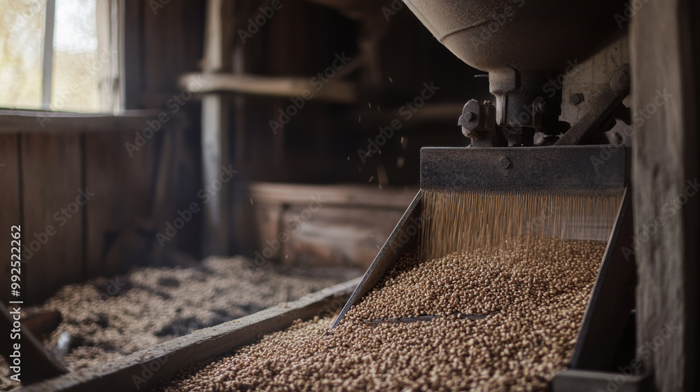 Poster grain is being processed through feed mixer in rustic barn, showcasing traditional farming methods. 