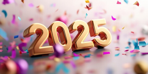 Celebrate arrival of new year 2025 with vibrant confetti and festive decorations. golden numbers stand out amidst colorful backdrop, creating joyful atmosphere