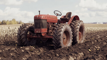 Obraz premium vintage red tractor is parked on plowed field, showcasing its rugged tires and classic design. surrounding landscape features clear sky and rows of crops, evoking sense of agricultural heritage
