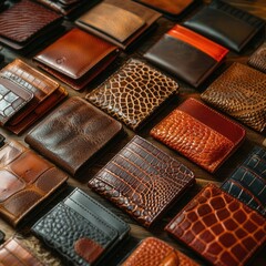 Fototapeta premium Stunning bird's-eye view of luxury leather wallets and cardholders, space for text
