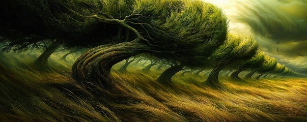 Obraz premium Wind-Swept Trees in an Open Field Landscape