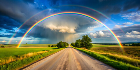 Obraz premium Panoramic view of countryside road leading towards a vibrant rainbow in the distance, countryside, road, panorama, rainbow