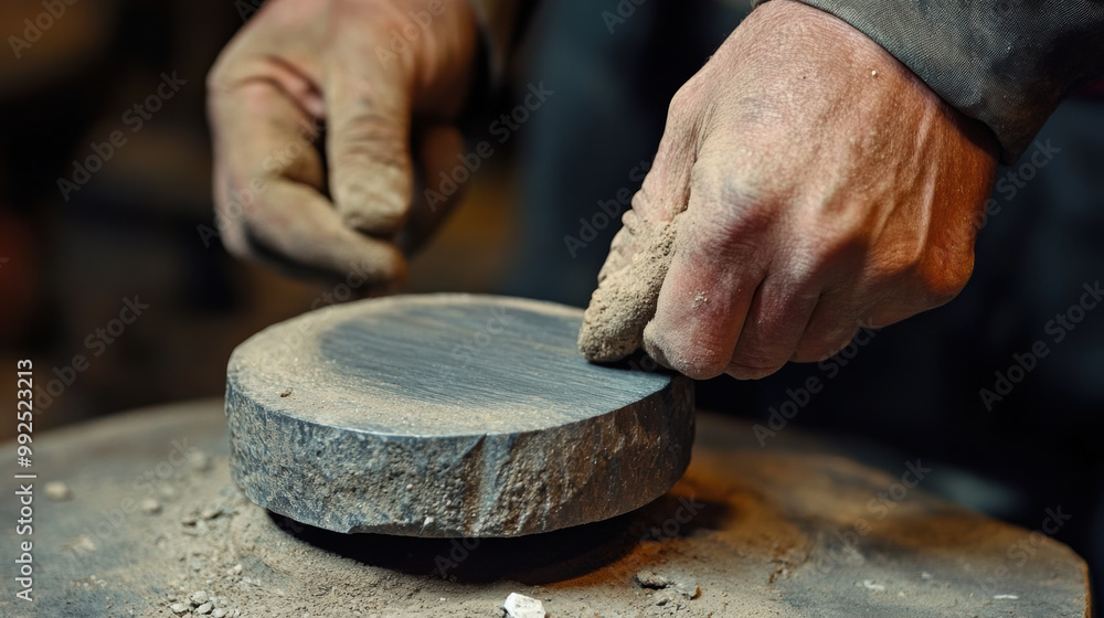 Poster image showcases person sharpening tools using grinding stone, highlighting craftsmanship involved in