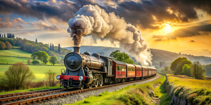 Steam-powered train chugging through a Victorian landscape, train, steam engine, vintage, locomotive