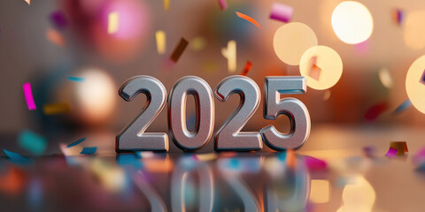 Celebrating arrival of new year 2025 with vibrant confetti and colorful bokeh lights, creating festive atmosphere filled with joy and anticipation