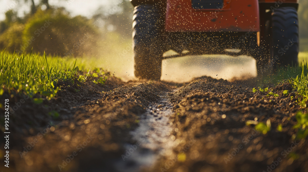 Aufkleber broadcast spreader is used to evenly distribute seeds across field, creating cloud of dust and soil 