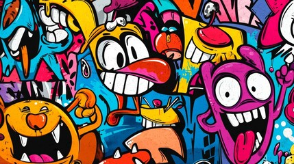 Obraz premium Playful graffiti wall with bold cartoon characters, exaggerated expressions