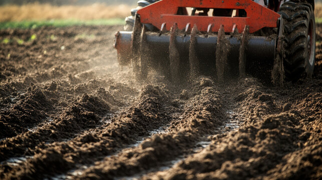 Preparing soil with rotavator creates neat rows, enhancing farming process. dust and texture of earth highlight hard work involved in agriculture
