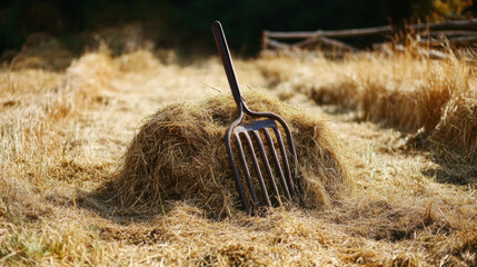 pitchfork rests against haystack in sunlit field, surrounded by golden straw. scene captures essence of rural life and farming activities, evoking sense of tranquility and hard work