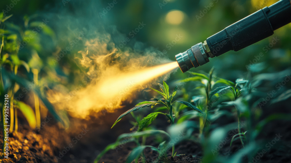 Poster weed control is effectively demonstrated with weed torch, showcasing flame targeting young plants in