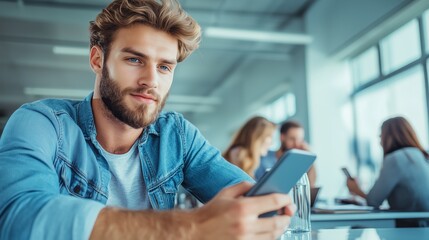 Obraz premium A professional man sitting at a conference table, glancing at his phone during a meeting, with colleagues engaged in discussion around him in a bright office space. 