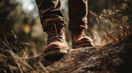 Closeup of Hiking Boots on Trail in Forest