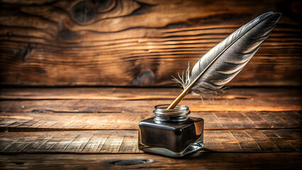 Close up of an antique quill pen with inkwell on a wooden desk, quill pen, ancient, writing, handwriting, vintage