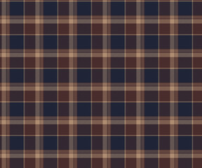 Plaid fabric pattern, blue, brown, cream, seamless for textiles, and for designing clothes, skirts or decorative fabrics. Vector illustration.