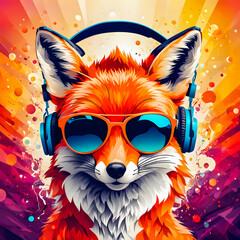 illustration of fox shaped head with headphones and sunglasses on the abstract background.