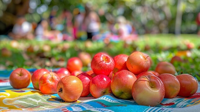 Closeup of rose apples placed picnic blanket colorful public park children playing families enjoying day softly blurred in the background promoting a fresh outdoor vibe Scientific name Syzygium jambos