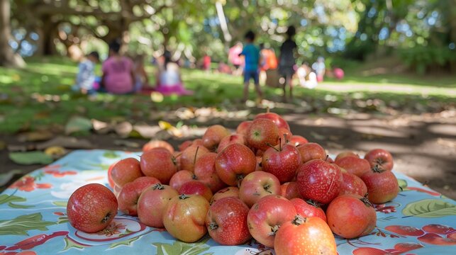 Closeup of rose apples placed picnic blanket colorful public park children playing families enjoying day softly blurred in the background promoting a fresh outdoor vibe Scientific name Syzygium jambos