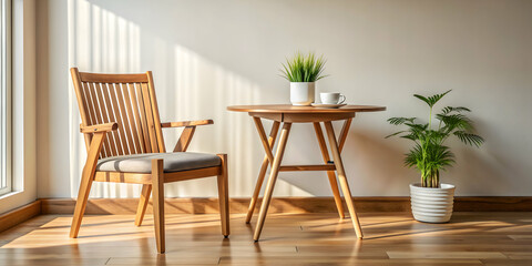 Close-up of wooden chair and table in cozy room setting, wood, chair, table, cozy, room, interior, home, furniture, design