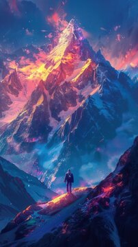 Cyclops patrolling a glowing mountain range vibrant peaks casting shadows on its journey,