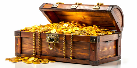 Treasure box filled with gold treasure isolated on background, treasure, box, gold, shiny, valuable, wealth, riches, luxury
