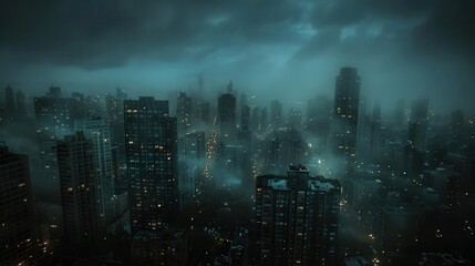 Obraz premium Noir city skyline at night from a bird's-eye view dim streetlights and windows glowing in the darkness moody atmosphere,