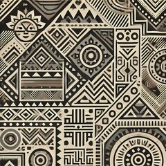 Tribal geometric patterns with indigenous symbols on a monochromatic background