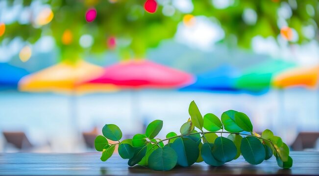 Closeup of sea grapes resting chic caf table tropical resort colorful cocktails bright umbrellas softly blurred behind promoting a lively and exotic dining experience Scientific name Coccoloba uvifera