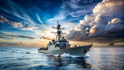 Fototapeta premium Kriegsschiff sailing in the ocean, warship, navy, maritime, vessel, voyage, military, defense, battleship, motion, watercraft