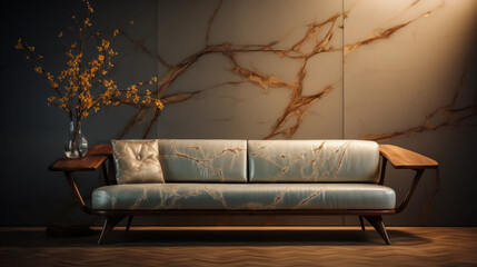 MidCentury Modern Sofa with Marble Wall and Wooden Floor